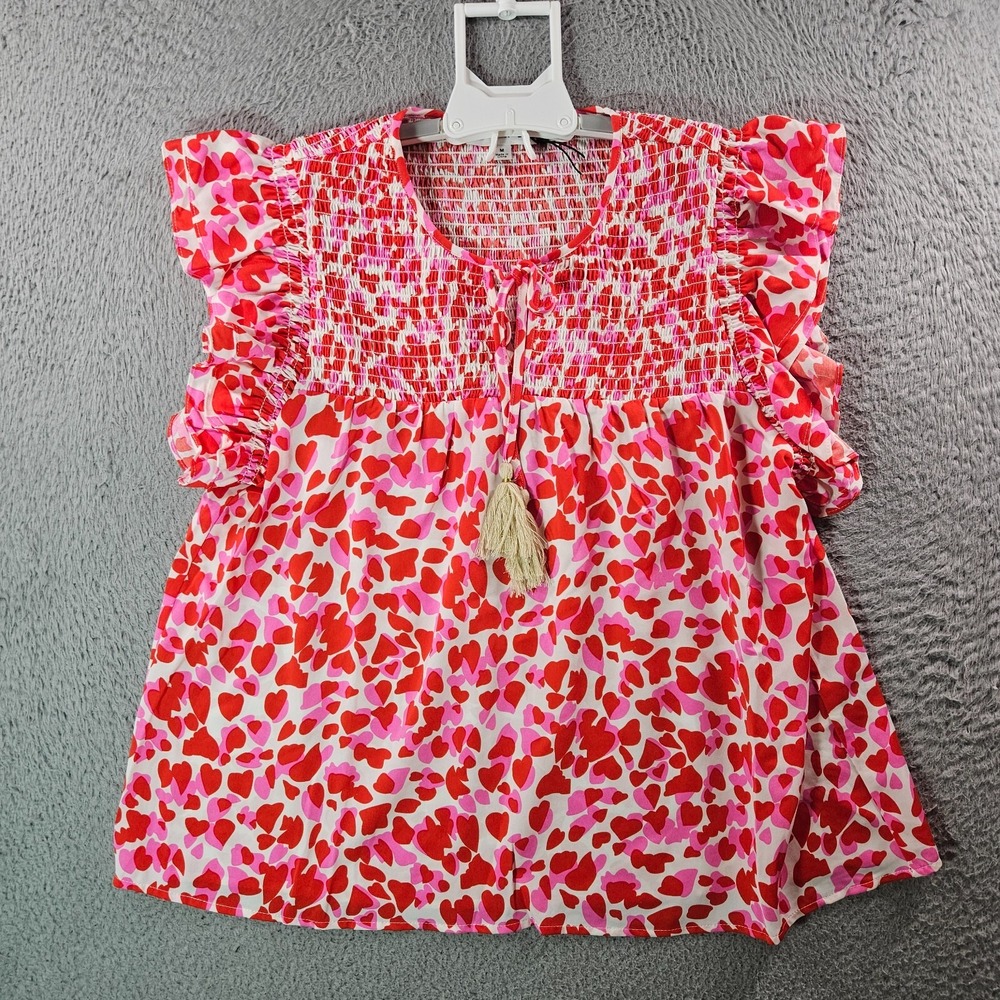 NWOT THML Top‎ Women Medium Heart Print Tassel Red Pink White Valentine
